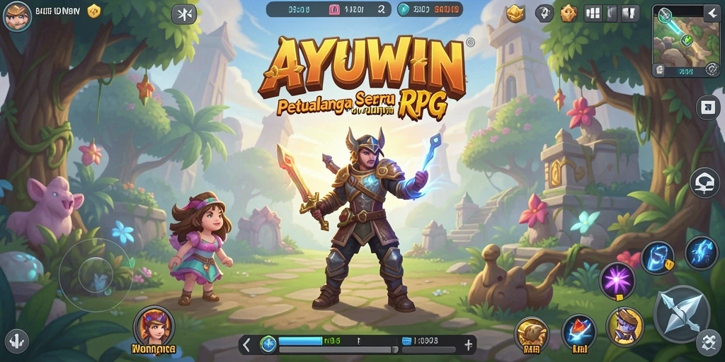 Screenshot AYUWIN menampilkan aksi pertempuran dramatis dalam gameplay RPG.