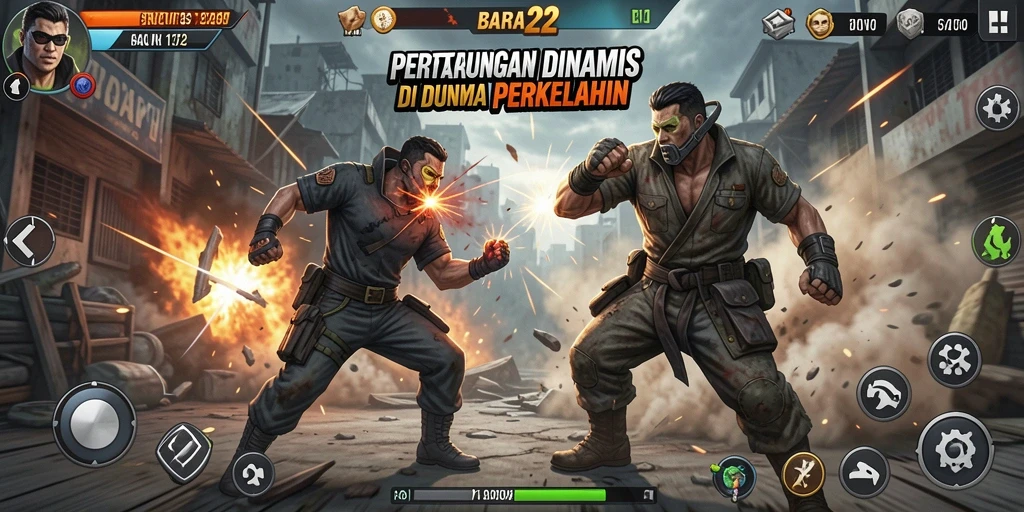Tangkapan layar utama BARA22 menunjukkan pertarungan seru antara karakter di arena.
