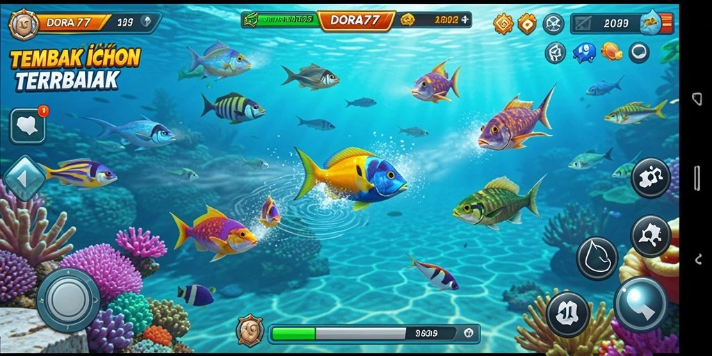 Tampilan gameplay DORA77 dengan aksi Tembak Ikan yang seru.