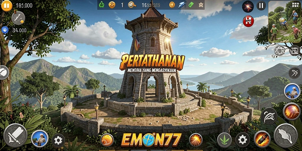 Tampilan gameplay seru dari game Tower Defense EMON77.