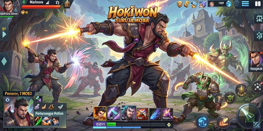Tangkapan layar HOKIWON menampilkan aksi pertempuran MOBA yang seru.