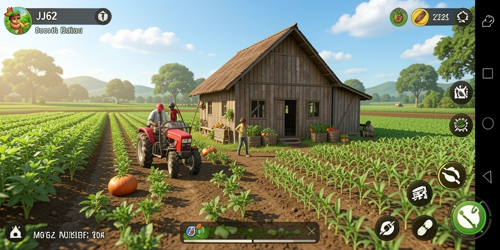 Tangkapan layar menunjukkan gameplay menanam dan merawat tanaman di JJ62.