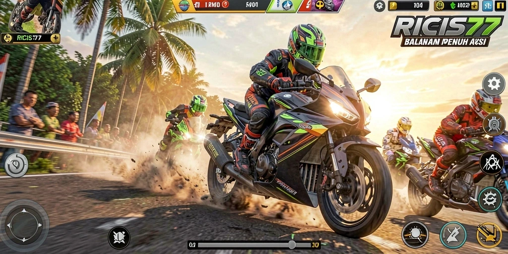 Gameplay RICIS77 yang menantang dan seru dalam balapan motor.
