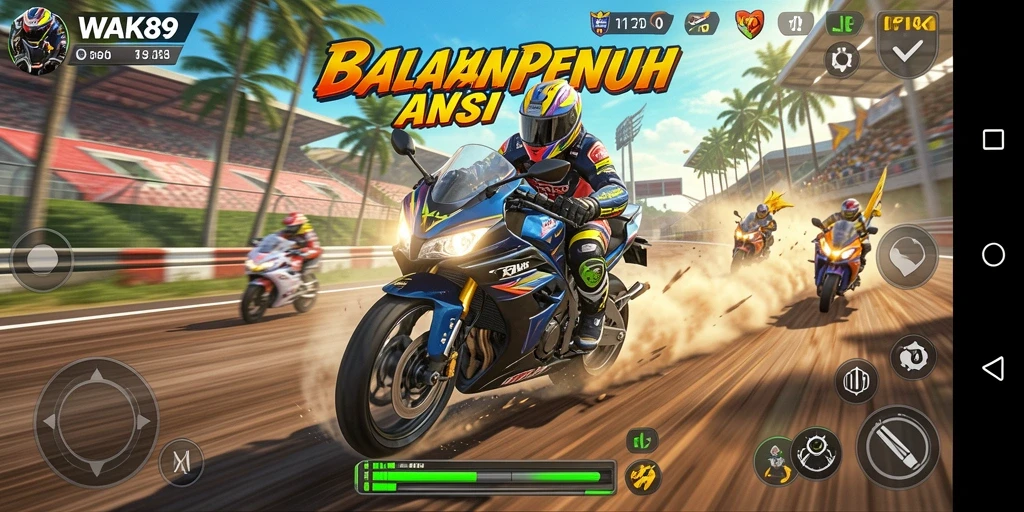 Gameplay seru WAK89 dengan balapan motor yang mendebarkan.